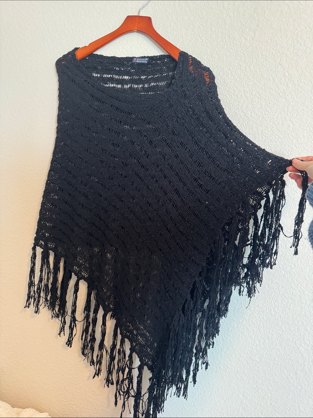 Vintage Point Black Crochet Knit Fringe Poncho Wool Blend Boho
